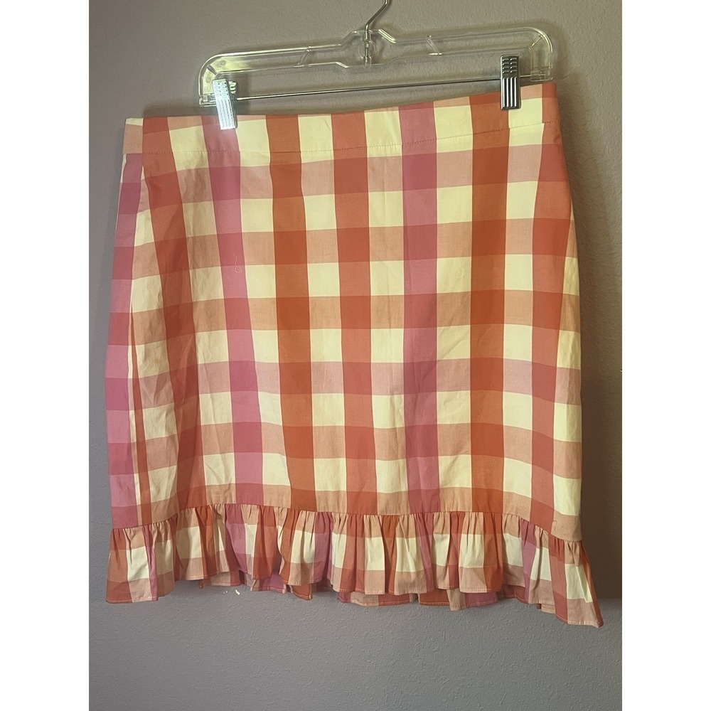 J. Crew Pink Orange‎ Plaid Ruffle Cottagecore Pencil Preppy Skirt Size 12